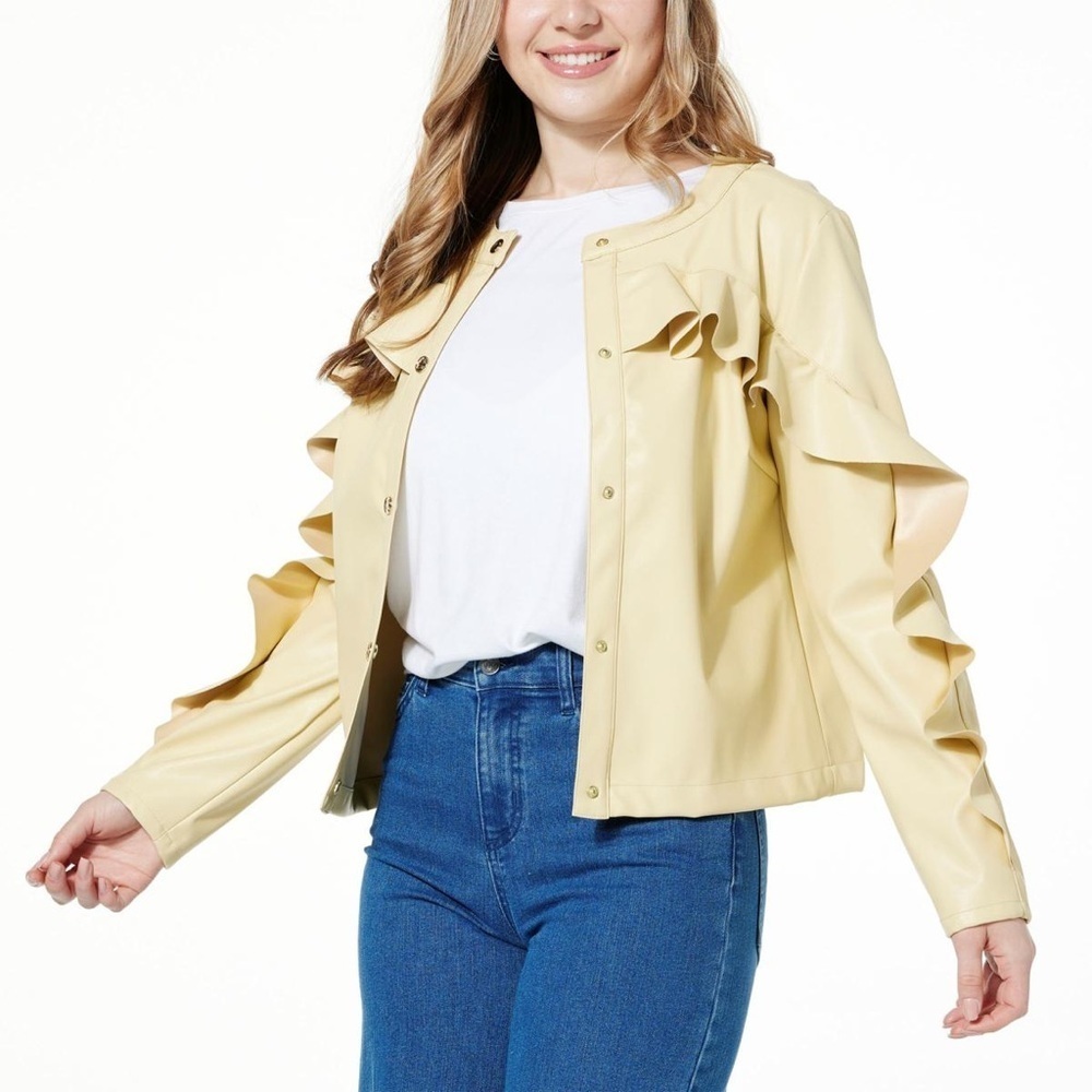 C Wonder by Christian Siriano Faux Leather Ruffle Trucker Jacket – Butter Yellow